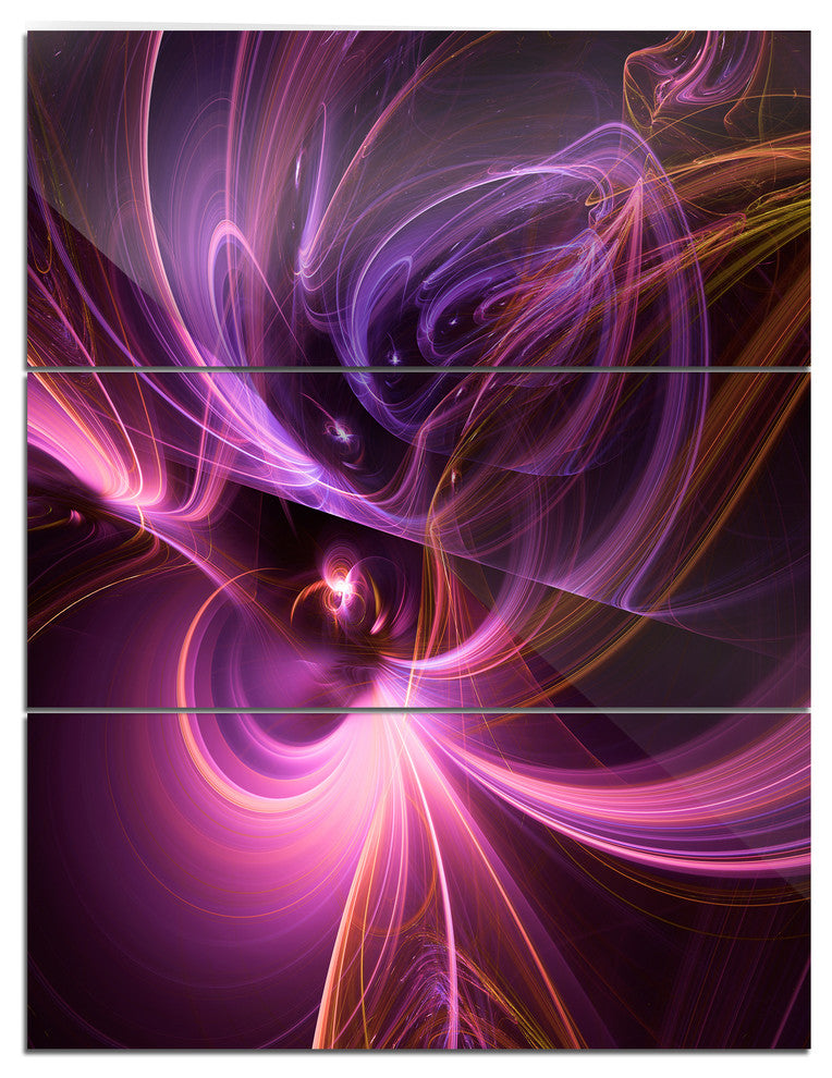 "Purple Fractal Light Art in Dark" Metal Wall Art, 3 Panels, 28"x36"