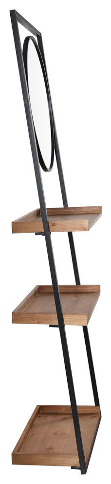 Lena Decorative Standing Shelves Round Mirror Wood Brown Finish