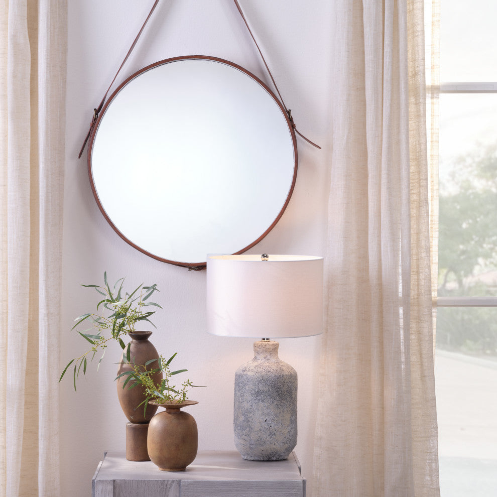 Large Round Steel Mirror, Brown Leather