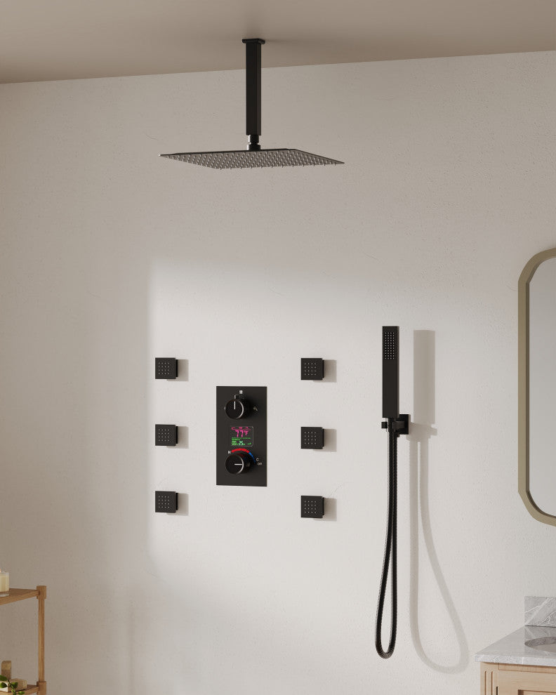 Digital Shower System 12" Rainfall Shower Head With 6 Body Jets, Matte Black