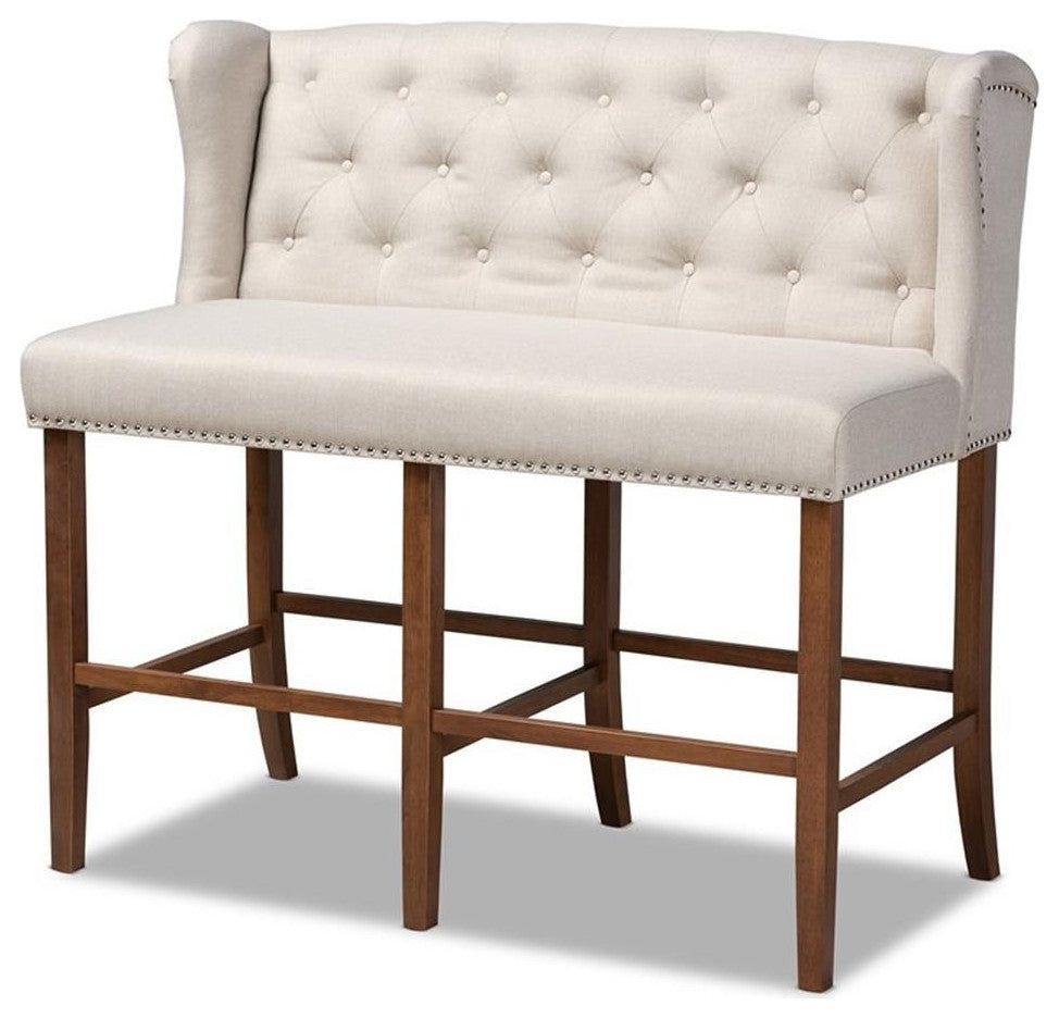 Alira Beige Fabric Upholstered Walnut Wood Button Tufted Bar Stool Bench
