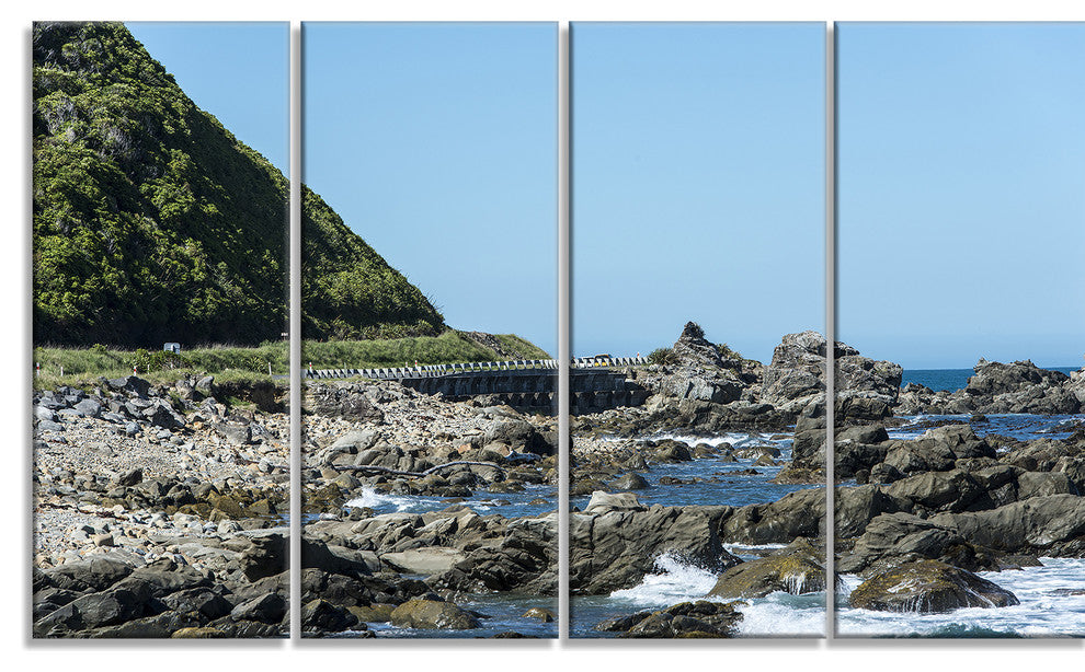 "Beautiful New Zealand Rocky Beach" Modern Seascape Wall Art, 4 Panels, 48"x28"