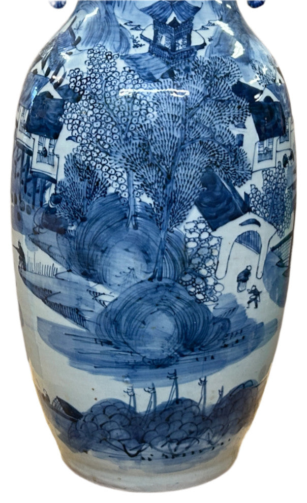23.5" Vintage Blue White Scenery Porcelain Ru Yi Ear Art Vase Hws4430