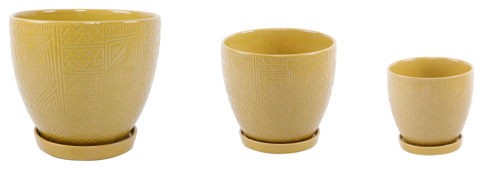 Gl Mustard Hiero Ceramic Pot On Saucer Set of 3