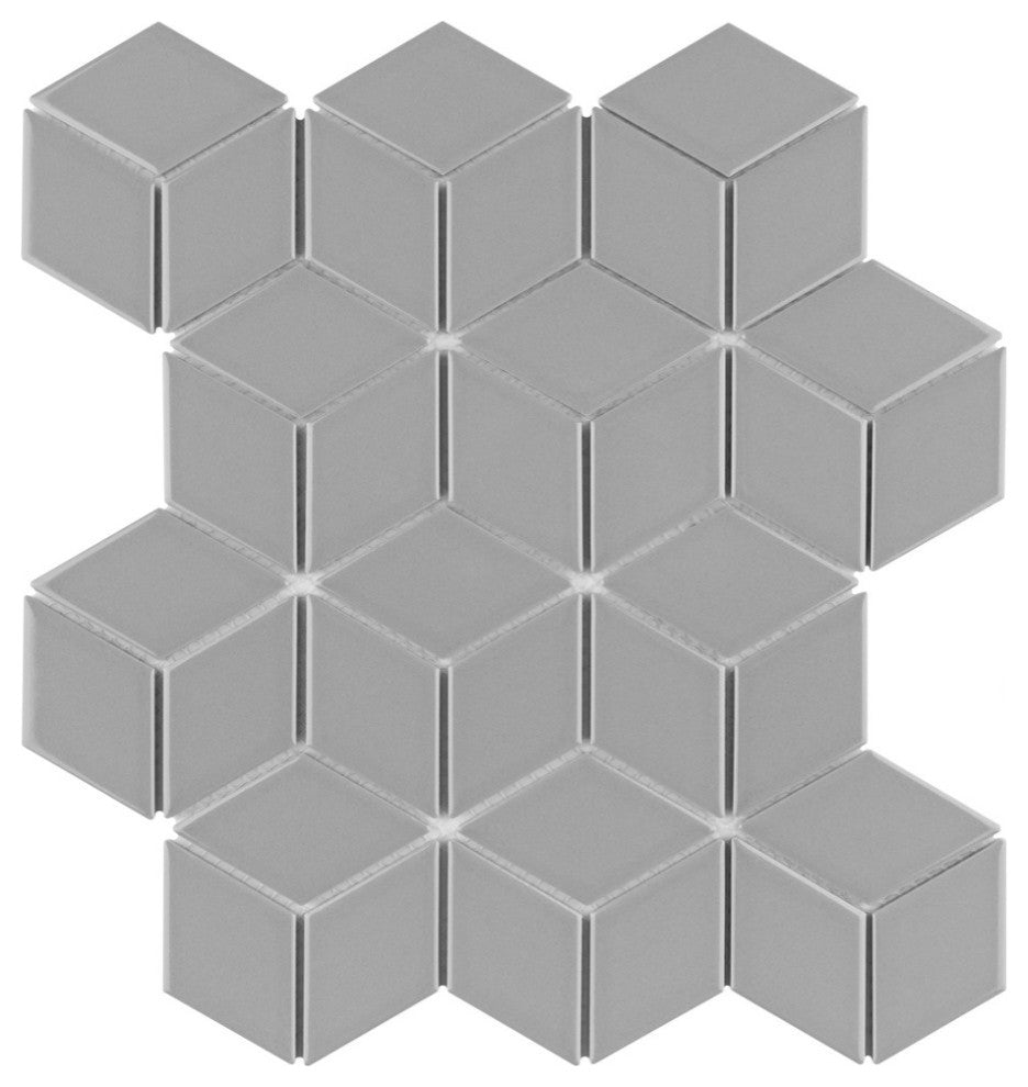 Metro Rhombus Mosaic Floor and Wall Tile, Glossy Light Gray