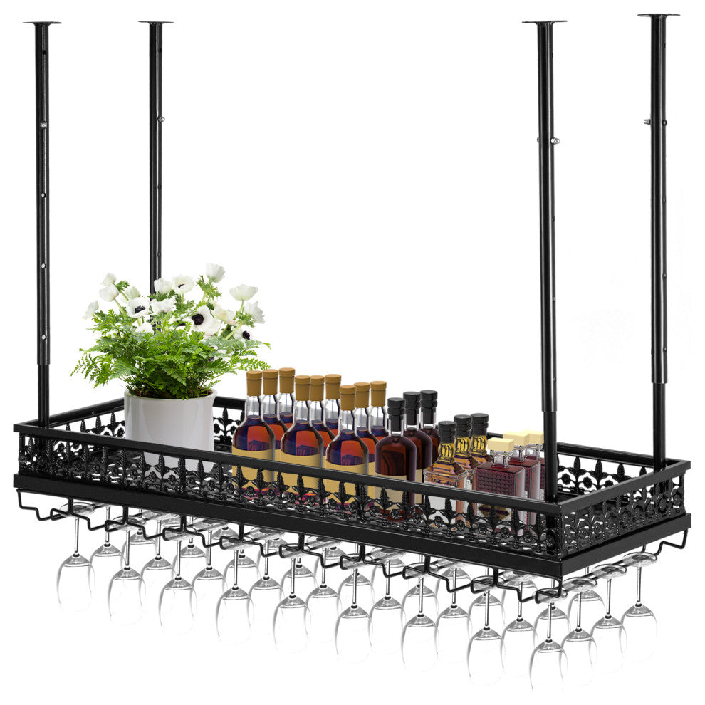Ceiling Wine Glass Rack Hanging Wine Holder Cabinet, Black, 36x13 Inch