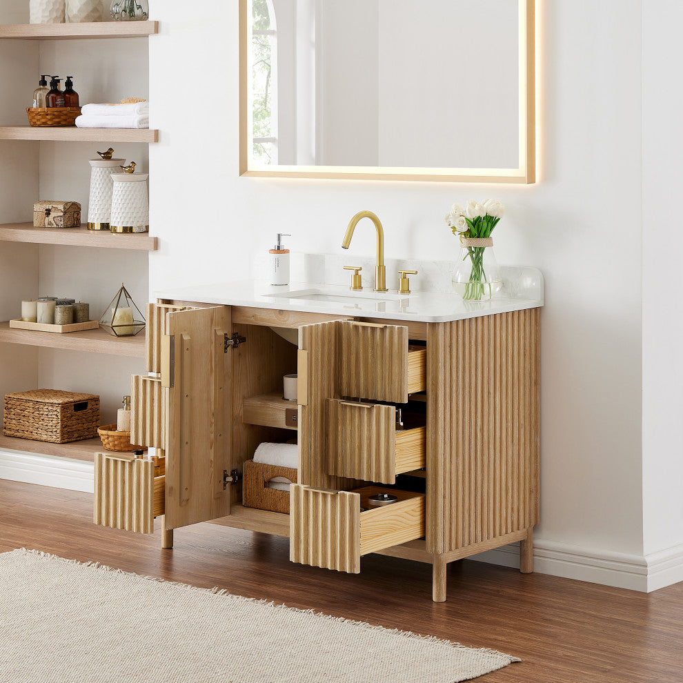 Sierra Bathroom Vanity, Washed Light Brown, 48inch, Without Mirror