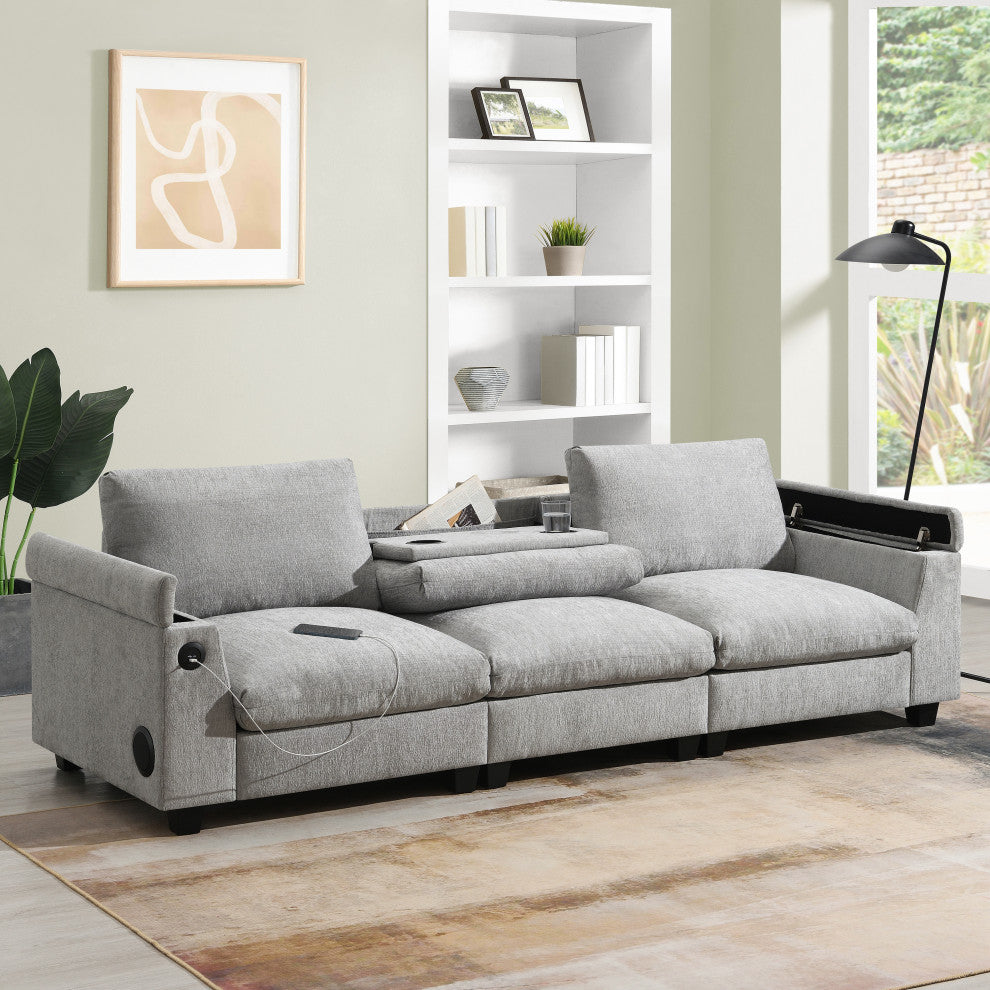 Alice Chenille Sectional Sofa, Bluetooth Speakers & USB Charger, Gray
