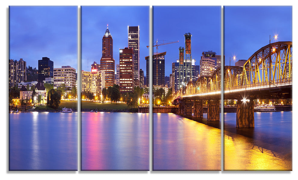 Skyline across the Willamette River, Cityscape Canvas Print, 48"x28", 4 Panels