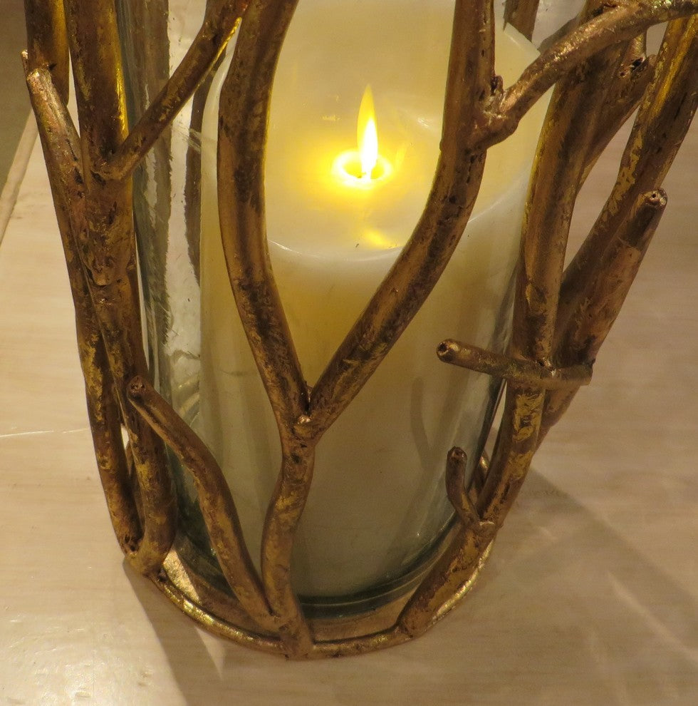 Tall 15" Gold Branch Pillar Candle Holder, Metal Hurricane Twig