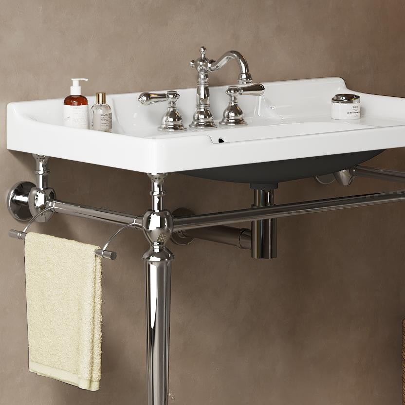 Wall-Mounted White Ceramic Vanity Basin with Stainless Steel Support Legs , Chrome
