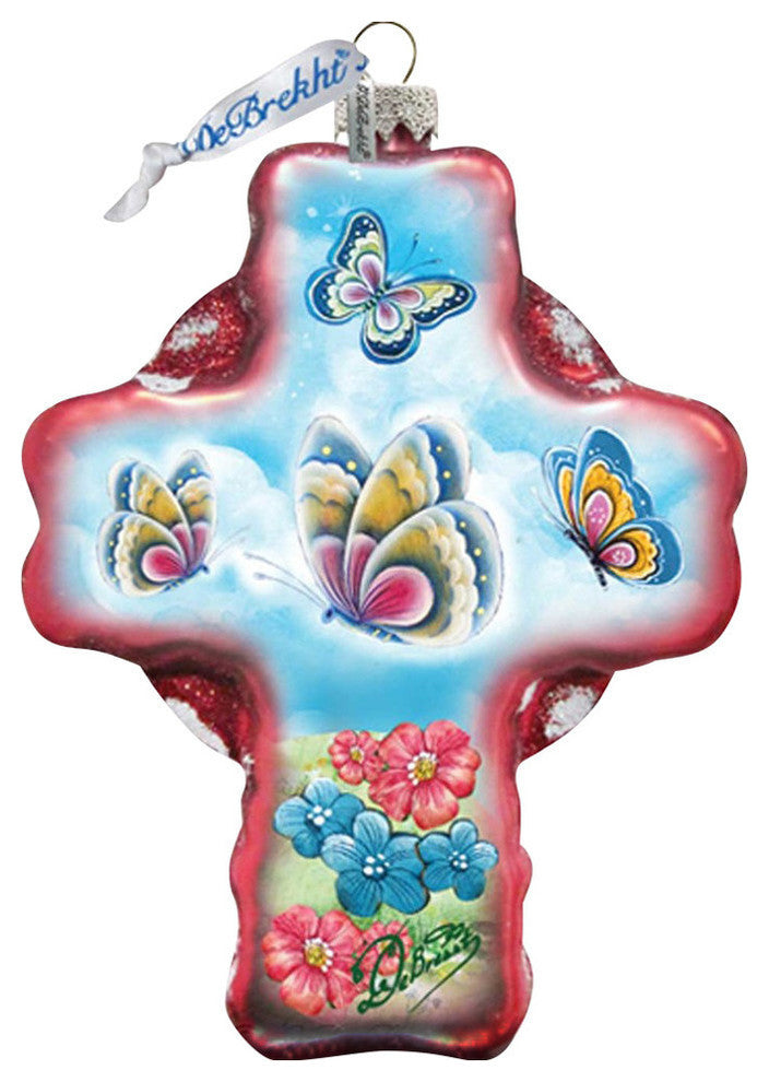 Hand Painted Butterflies Cross Glass Scenic Ornament