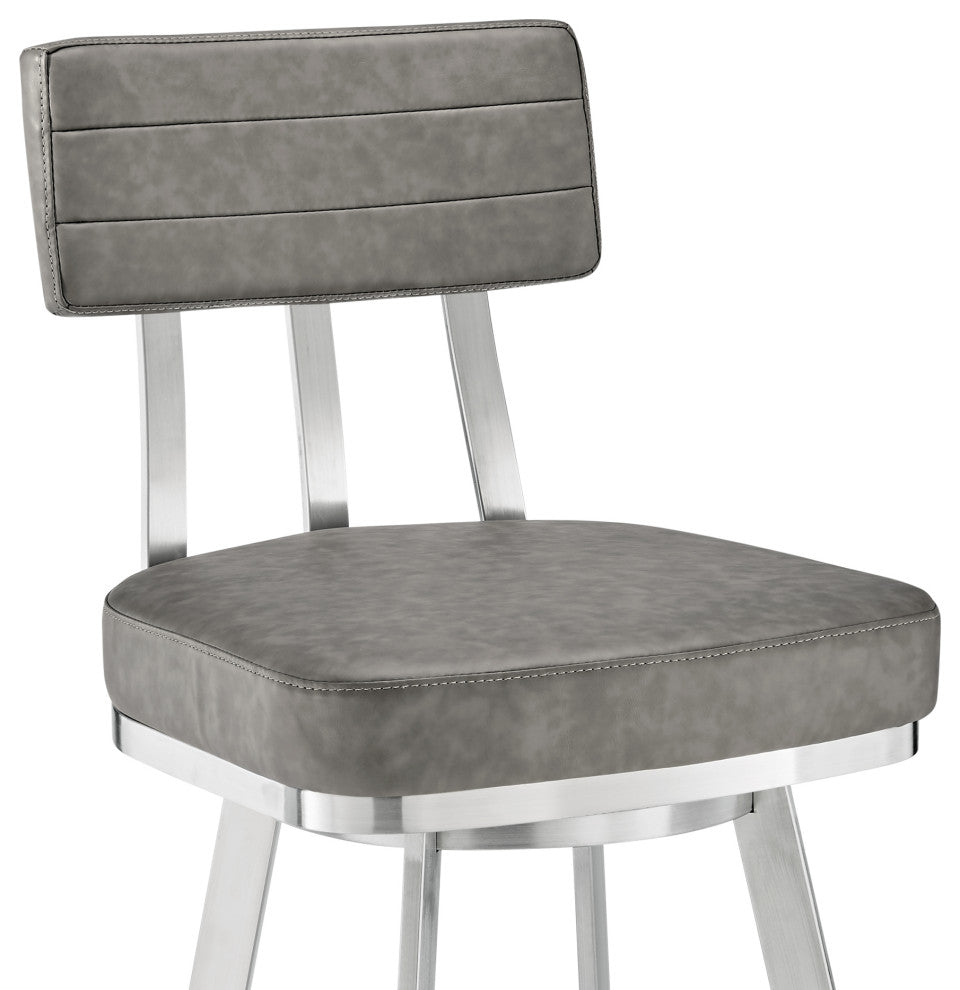 Jinab Swivel Bar Stool, Brushed Stainless Steel With Faux Leather, Gray