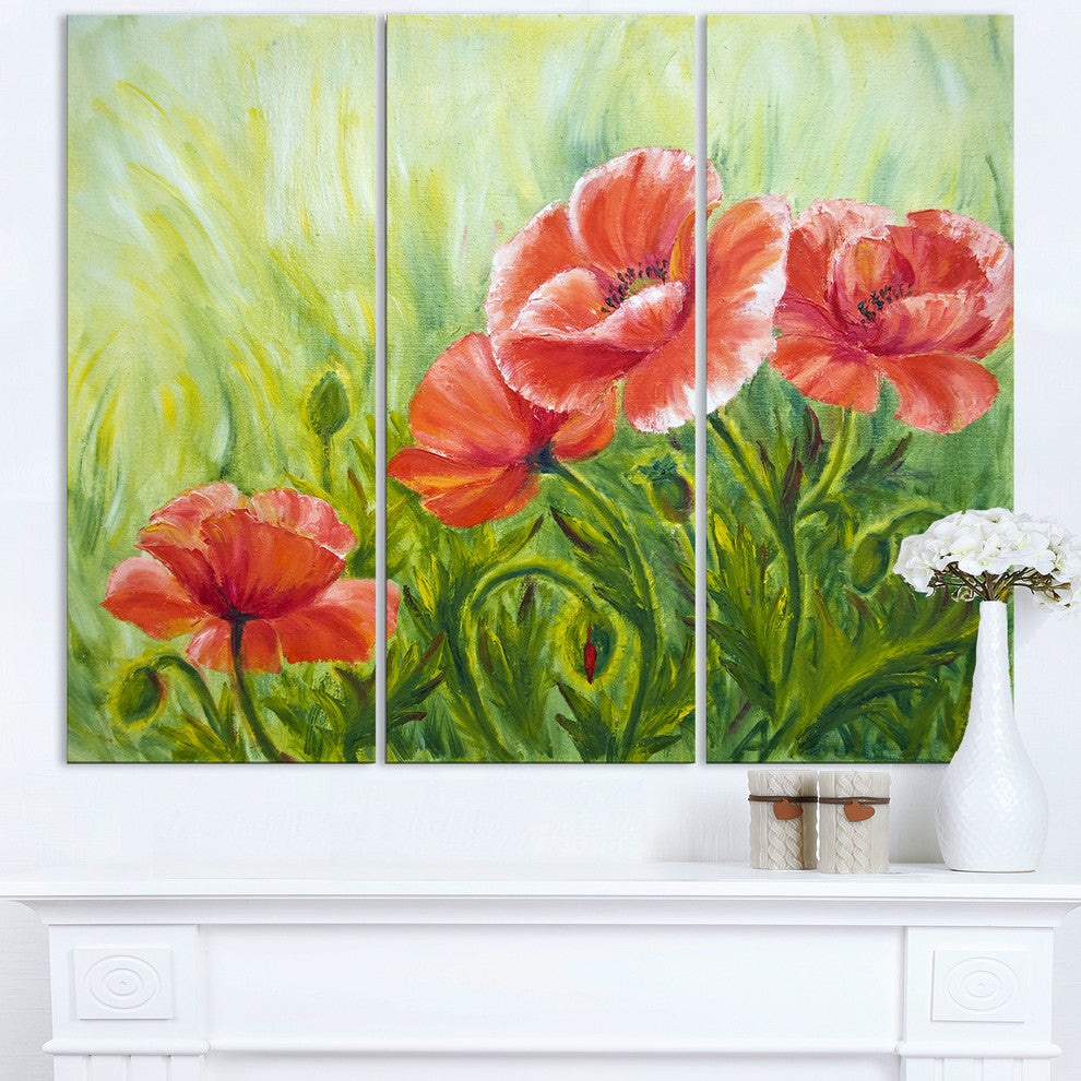 "Blooming Poppies With Green Leaves" Metal Wall Art, 3 Panels, 36"x28"