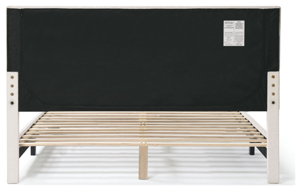 Miles White Boucle Upholstered Wood Frame Platform Bed, Queen, Simple Standard