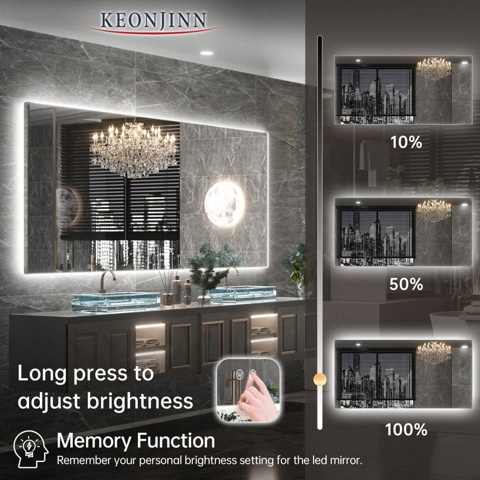 Backlit LED Mirror for Bathroom, Anti-Fog Dimmable, Silver, 60x28