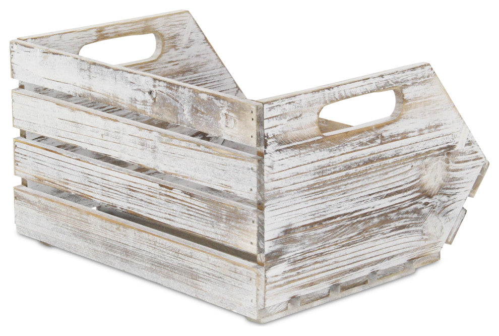 Wood Slat Stackable Storage With Side Handles, Gray Wash