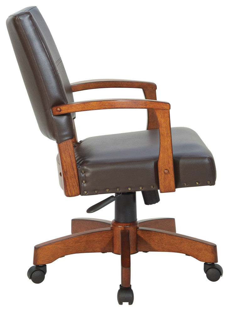 Deluxe Wood Bankers Chair, Black Faux Leather With Antique Bronze Nailheads, Esp