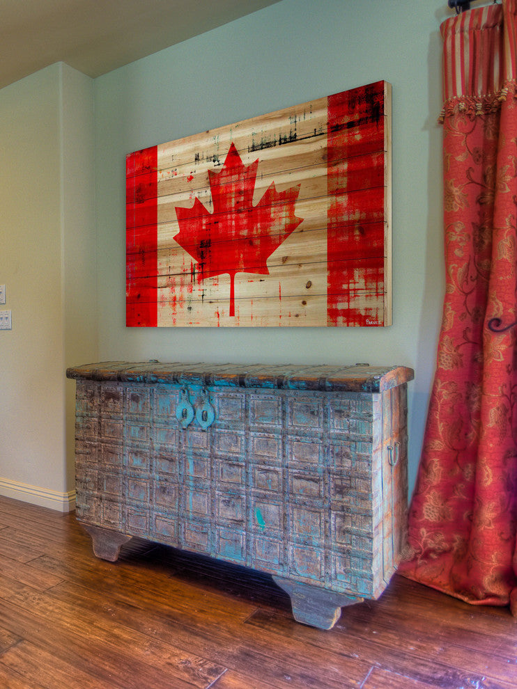 "Bright Red Leaf" Print on Natural Pine Wood, 36"x24"