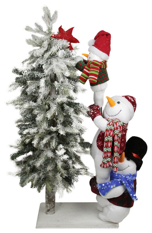 40" Flocked Alpine Christmas Tree With Snowman Tower on Wooden Base