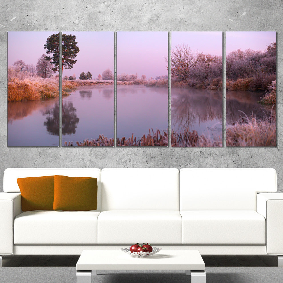 "Misty Autumn Sunrise Over River" Landscape Print Wall Art, 5 Panels, 60"x28"