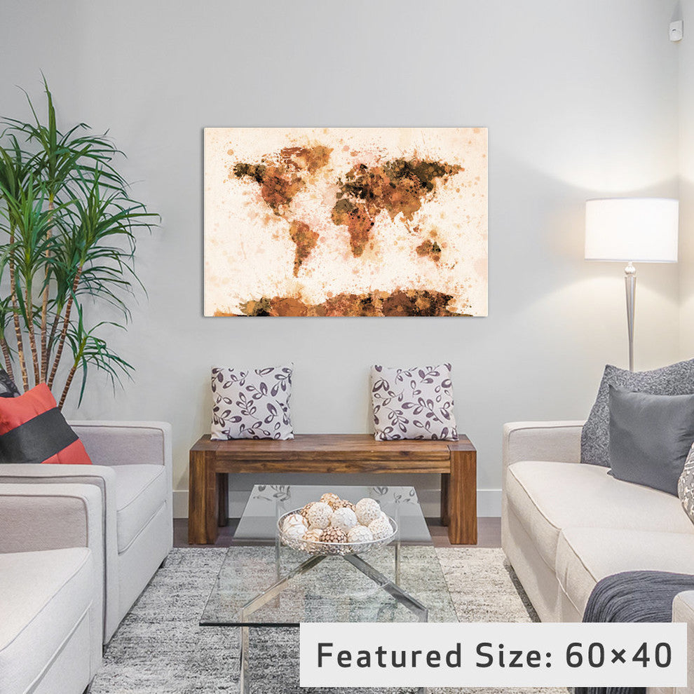 "Bronze Paint Splash World Map" Wrapped Canvas Print, 26x18x1.5