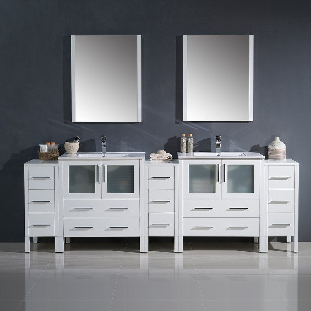 Torino 96" White Modern Double Sink Bathroom Vanity, Faucet FFT1030CH