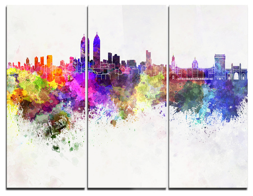 "Mumbai Skyline" Glossy Metal Wall Art, 3 Panels, 36"x28"
