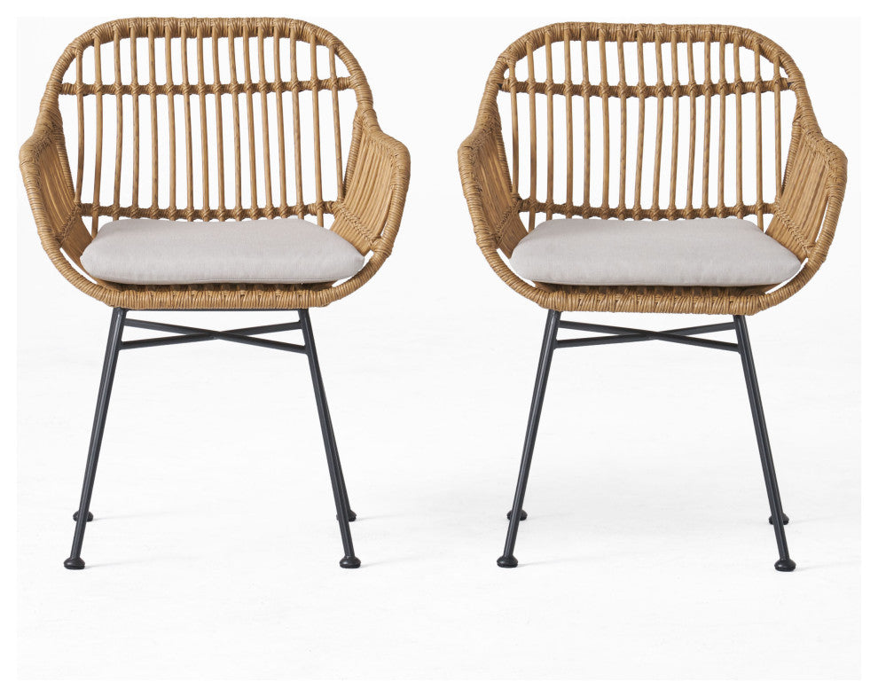 Rodney Outdoor Woven Faux Rattan Chairs With Cushions, Set of 2, Light Brown, Beige