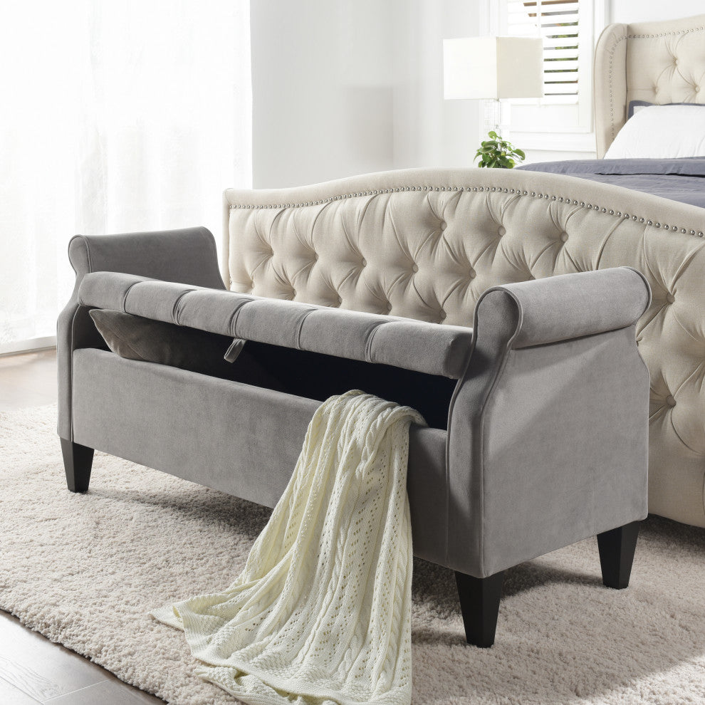 Jacqueline 58" Tufted Storage Bench, Opal Gray Velvet