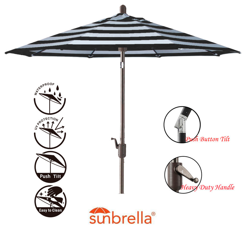 9' Round Push Tilt Market Umbrella, Grey Frame, Sunbrella, Black Stripe