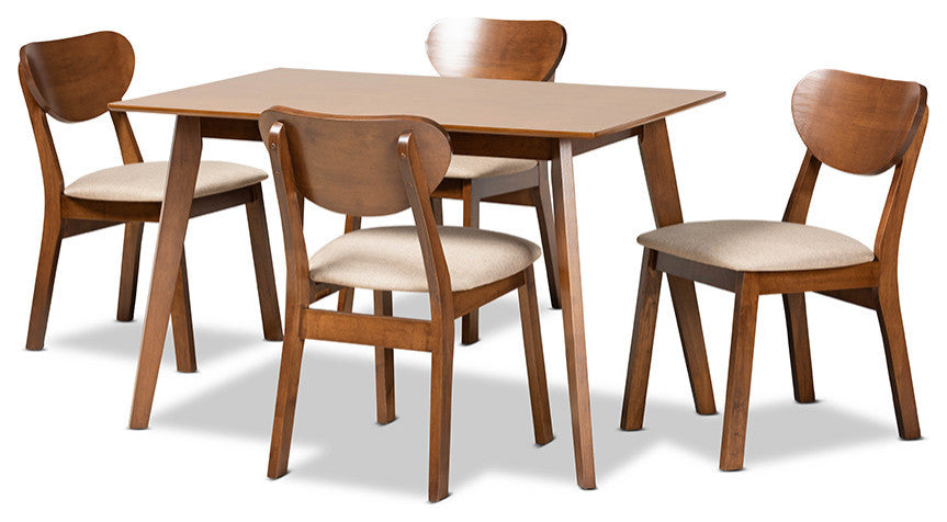 Eurah Mid-Century Modern Upholstered 5-Piece Dining Set, Sand/Walnut Brown