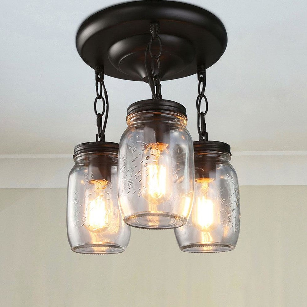 3-Light Glass Mason Jar Hanging Ceiling Pendant Fixture
