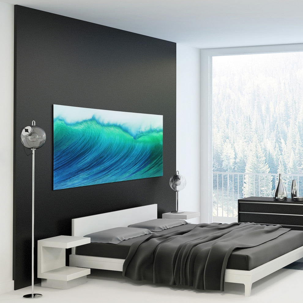 Blue Wave Wall Art Frameless Free Floating Tempered Art Glass 72"x36"
