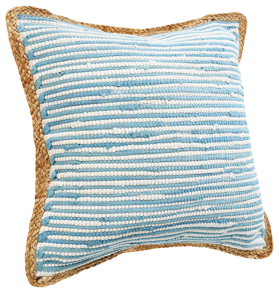 Bright Blue and White Striped Jute Bordered Throw Pillow