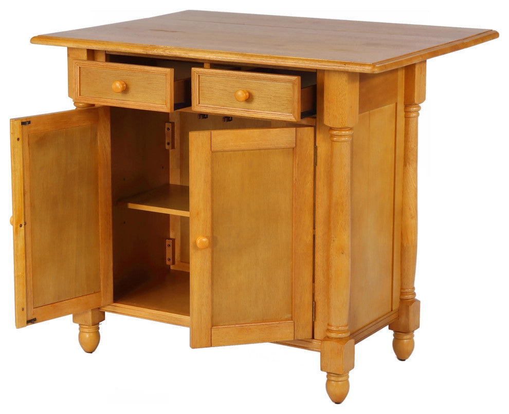 Light Oak Extendable Kitchen Island With Drop Leaf Top, Drawers And Cabinet