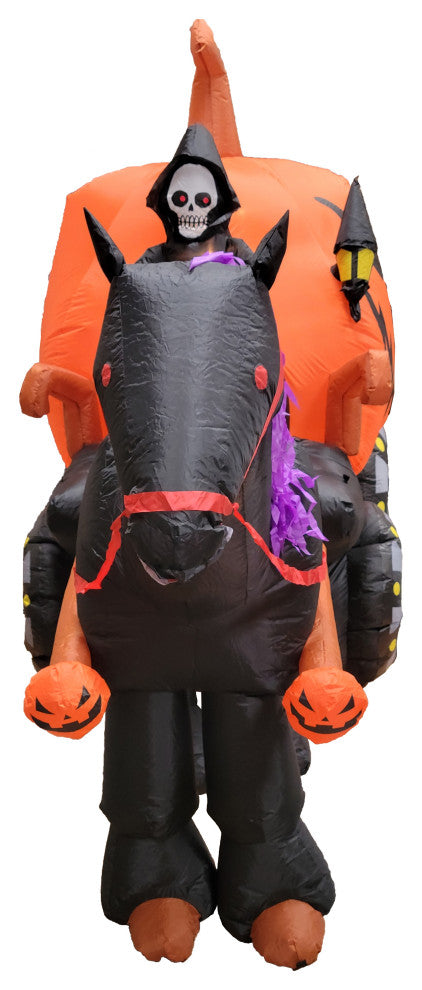 11.5' Long Halloween Inflatable Carriage With Ghost Skeleton and Pumpkin