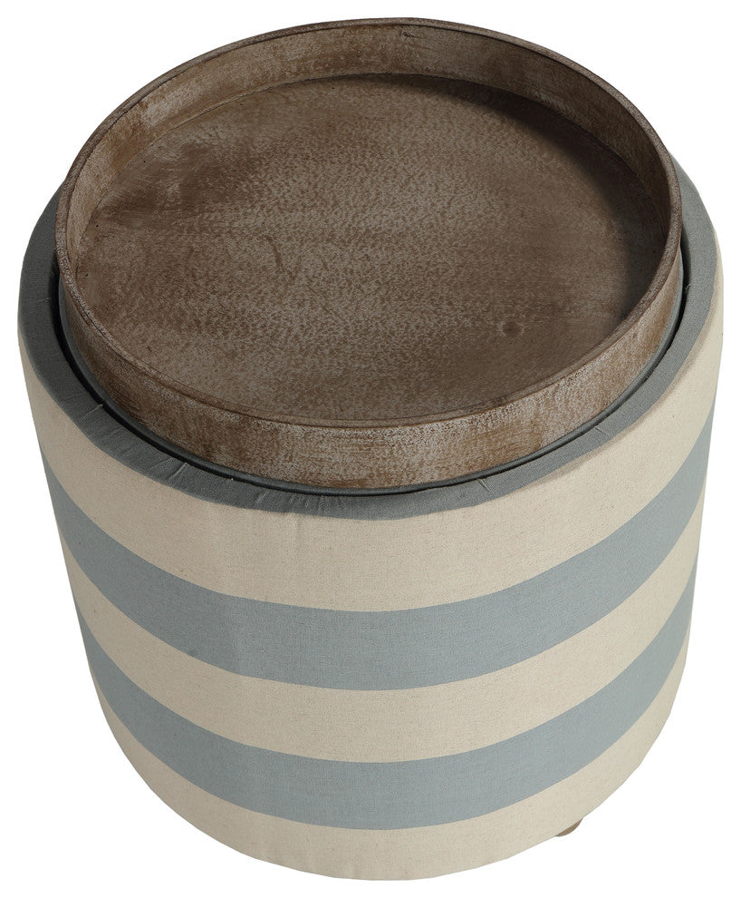 Cortesi Home Keyes Round Storage Ottoman With Tray Top, Blue and White Striped F