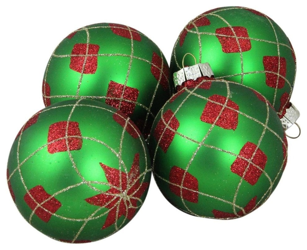 4-Piece Green and Red Diamond Christmas Ball Ornament Set 4", 80mm