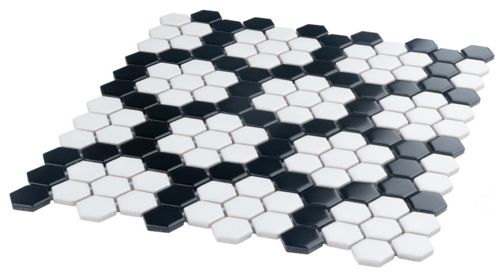 Metro 1" Hex Porcelain Mosaic Floor and Wall Tile, Wht Blk Hncom