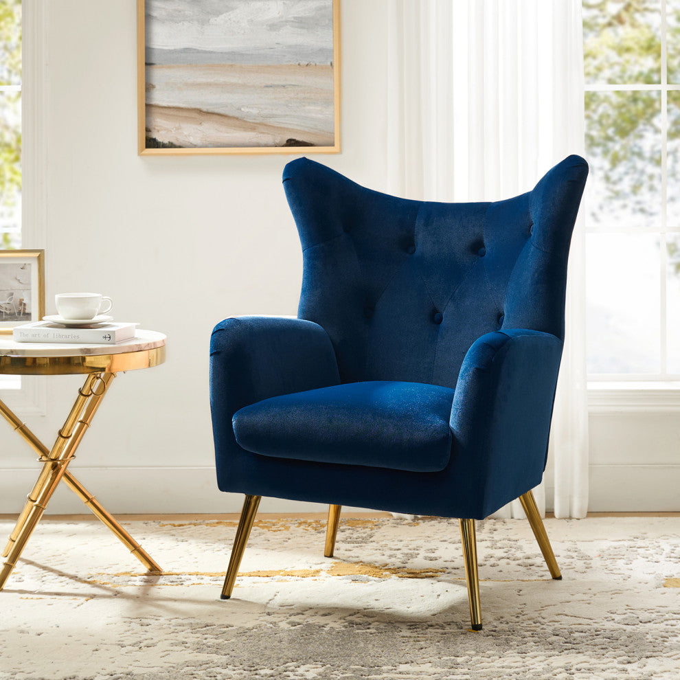 Tufted Accent Chair With Golden Legs, Navy