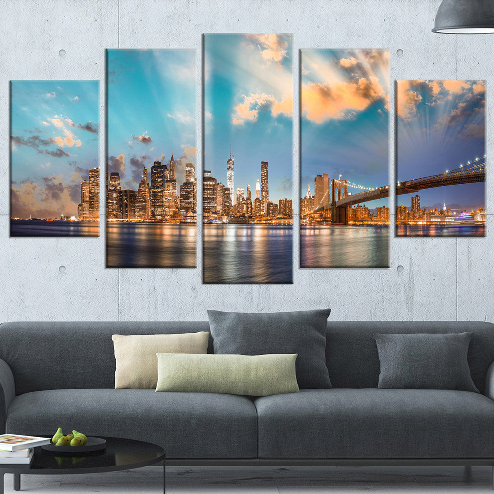 "Dramatic Sky Over Manhattan City" Canvas Print60"x32", 5-Panels