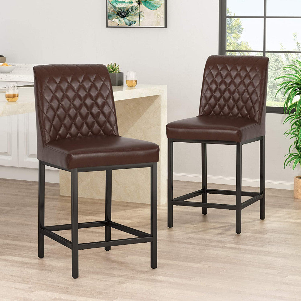 Set of 2 Counter Stool, Faux Leather Seat With Diamond Tufting, Dark Brown