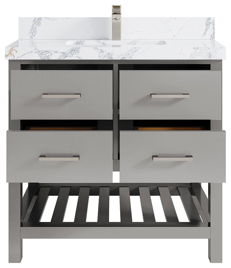 Parker 36" Single Sink Bath Vanity, Elephant Skin Gray 2" Calacatta Poanazzo