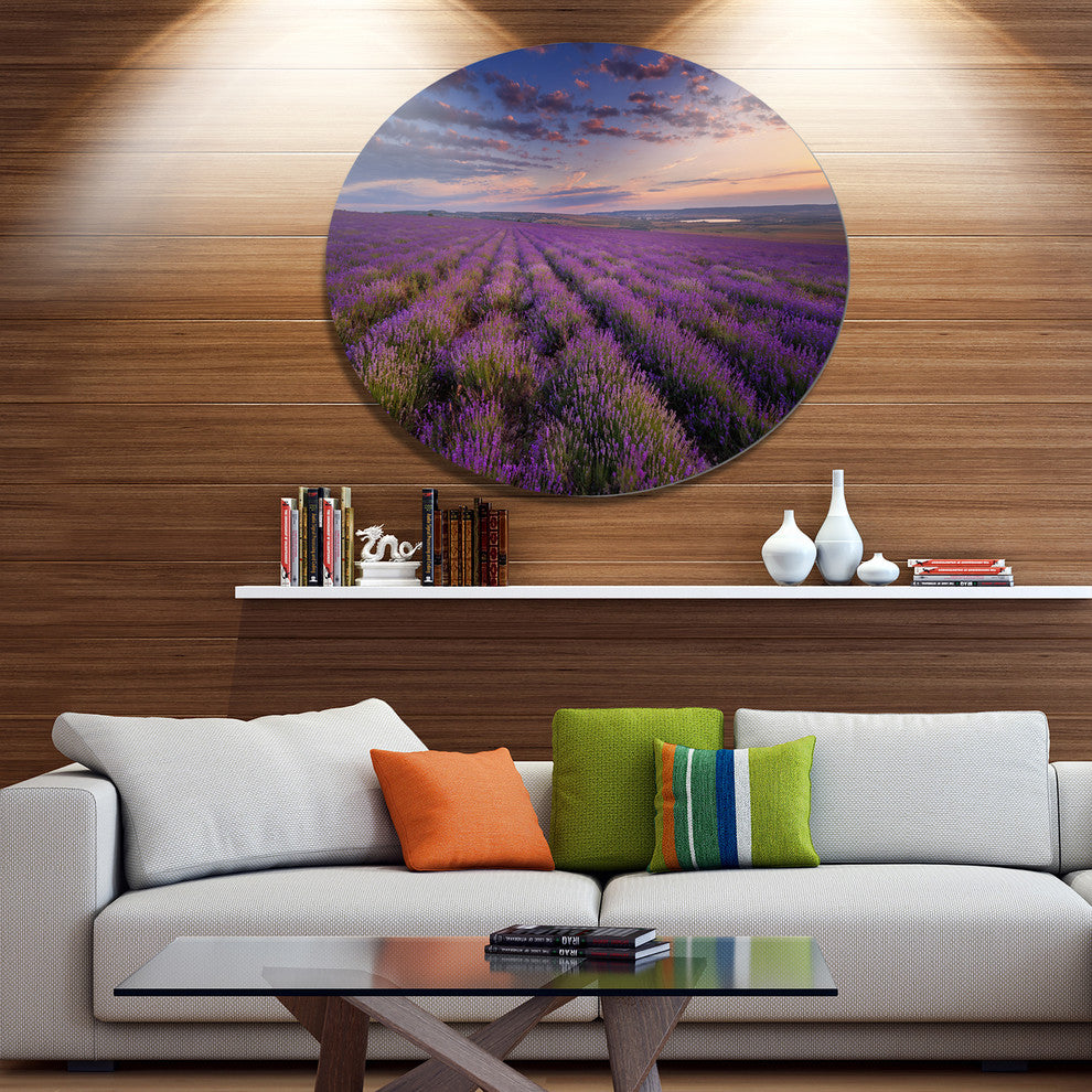 Dark Lavender Field With Cloudy Sky, Floral Round Wall Art, 23"
