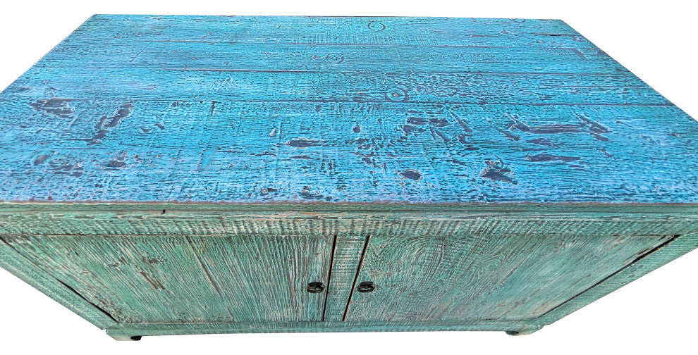 Distressed Turquoise Aqua Blue Rough 2 Doors Credenza Sideboard Console Hws4344
