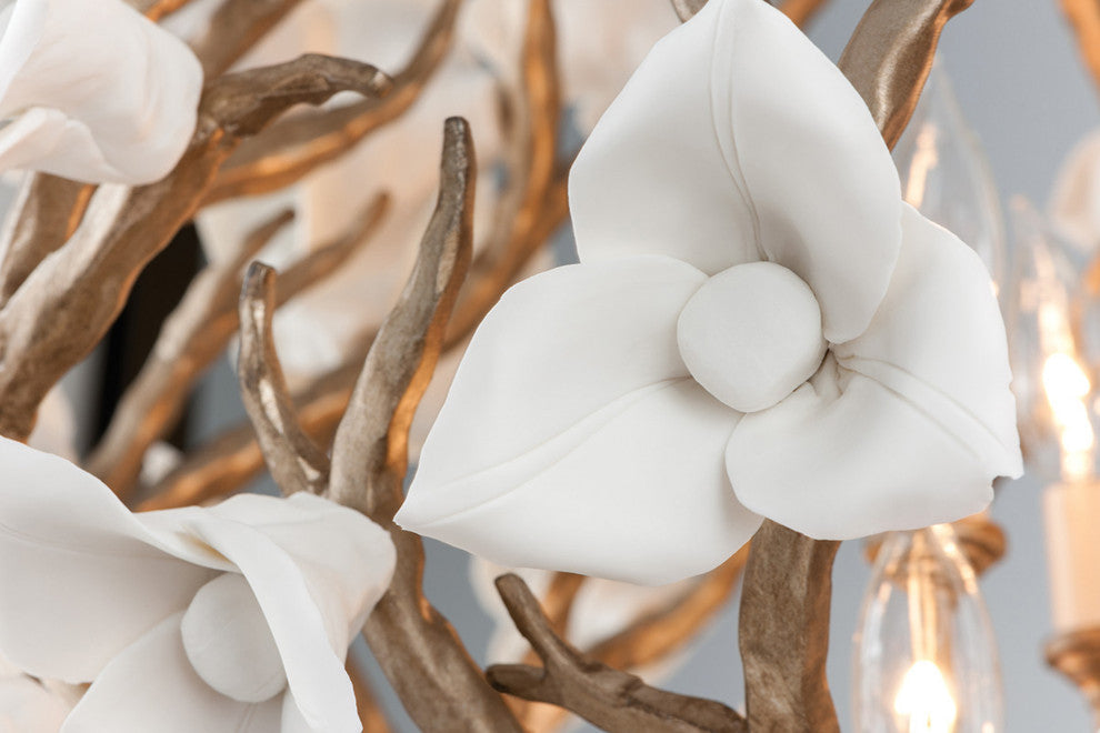 Lily 6-Light Dining Pendant, Enchanted Silver Leaf Finish, Porcelain Flowers