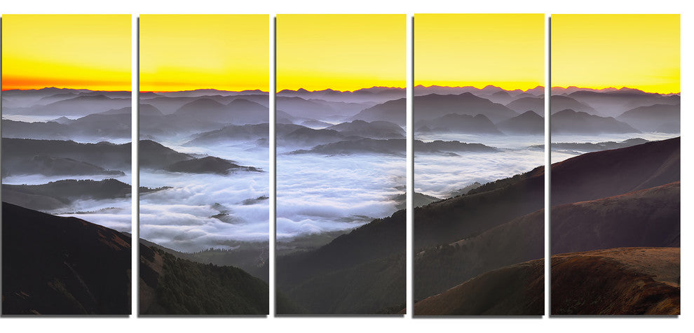 "Foggy Sunrise Over Mountains" Landscape Wall Art Wall Art, 5 Panels, 60"x28"