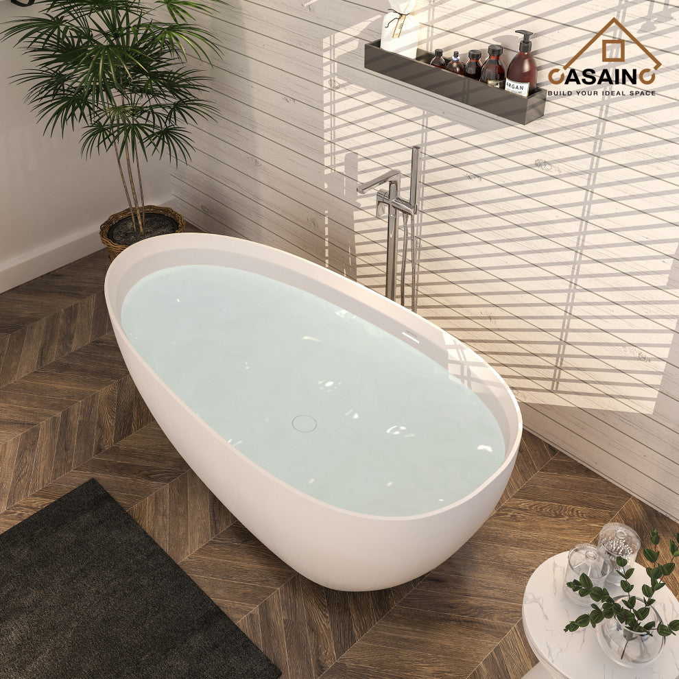 71in White Solid Surface Oval Freestanding Soaking Bathtub with Drain, 63in