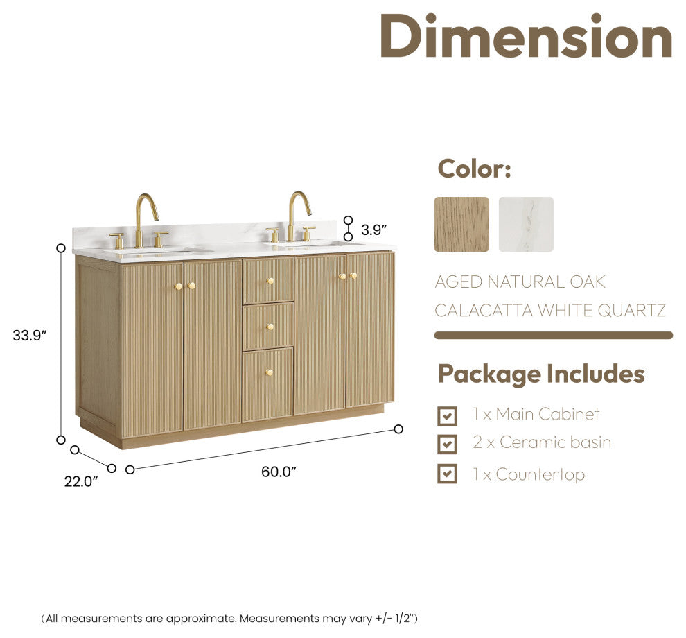 Oza Bath Vanity with Quartz Stone Top, Aged Natural Oak, 60", Double Vanity, No Mirror